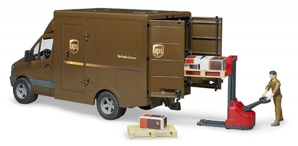 BRUDER UPS-MB Sprinter jakeluauto, hahmo, pumppukärry ja 2 kuormalavaa,02538 - Image 2