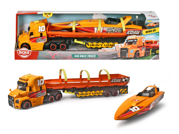Volvo venekuljetus traileri ja kilpaveneDickie Toys Sea Race Truck