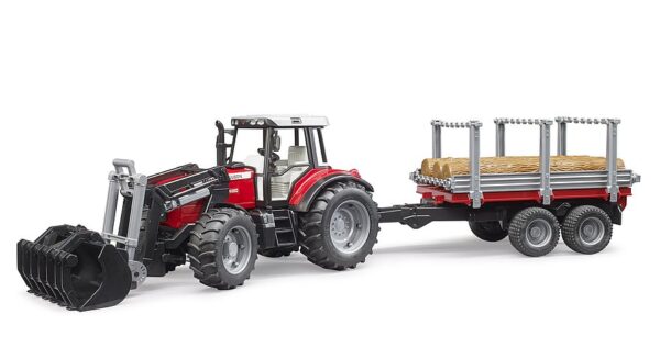 BRUDER Massey Ferguson 7480 traktori etukuormaajalla ja tukkiperäkärryllä 02046
