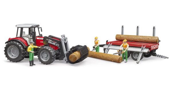 BRUDER Massey Ferguson 7480 traktori etukuormaajalla ja tukkiperäkärryllä 02046 - Image 2