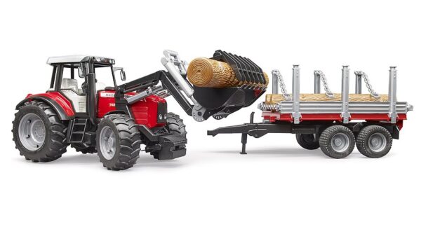 BRUDER Massey Ferguson 7480 traktori etukuormaajalla ja tukkiperäkärryllä 02046 - Image 3