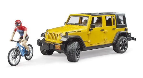 BRUDER 02543 Jeep Wrangler Rubicon ja Maastopyöräilijä