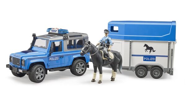 BRUDER 2588 Poliisi-Land Rover Defender hevospartio ja hevostraileri