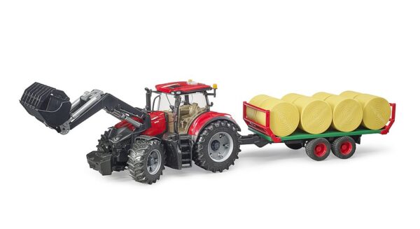 BRUDER 03198 Case IH Optum 300 CVX traktori etukuormaajalla ja paalikärryllä+8 heinäpaalia