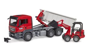 BRUDER 03767 MAN TGS kuorma-auto vaihtolavalla ja Schäffer pienkuormaaja